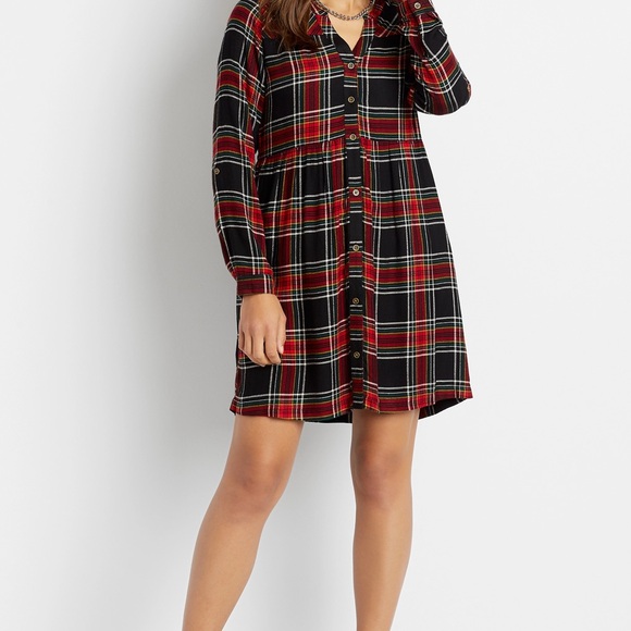 NWT Maurices Large Black and Plaid button Front Babydoll Shirtdress - Picture 3 of 7